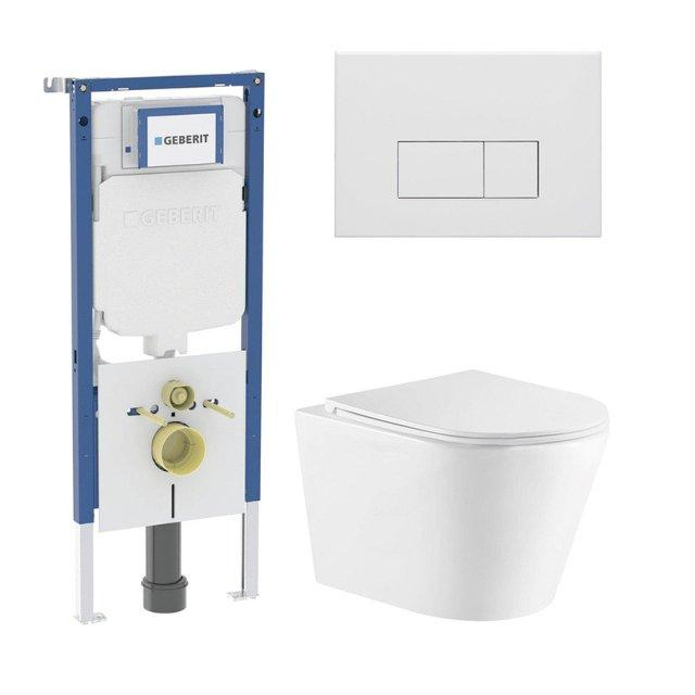 Geberit QeramiQ Dely Toiletset - 36.3x51.7cm - diepspoel - rimless -  UP720 inbouwreservoir - softclose toiletzitting - mat witte bedieningsplaat - rechtehoekige knoppen - wit glans SW1026255/SW1237202