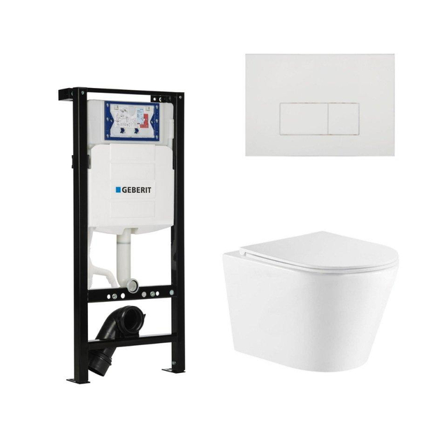 QeramiQ Dely Toiletset - 36.3x51.7cm - diepspoel - rimless - Geberit UP320 plieger inbouwreservoir - softclose toiletzitting - glans witte bedieningsplaat - rechthoekige knoppen - wit mat SW543432/SW1381697/SW706187