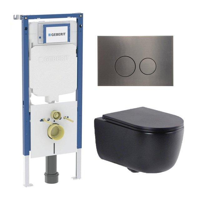 Geberit QeramiQ Dely Swirl Toiletset - 36.3x51.7cm -  UP720 Duofix Sigma inbouwreservoir - slim zitting - gunmetal bedieningsplaat - ronde knoppen - mat zwart SW1237202/SW706198/SW1000768/SW1026258