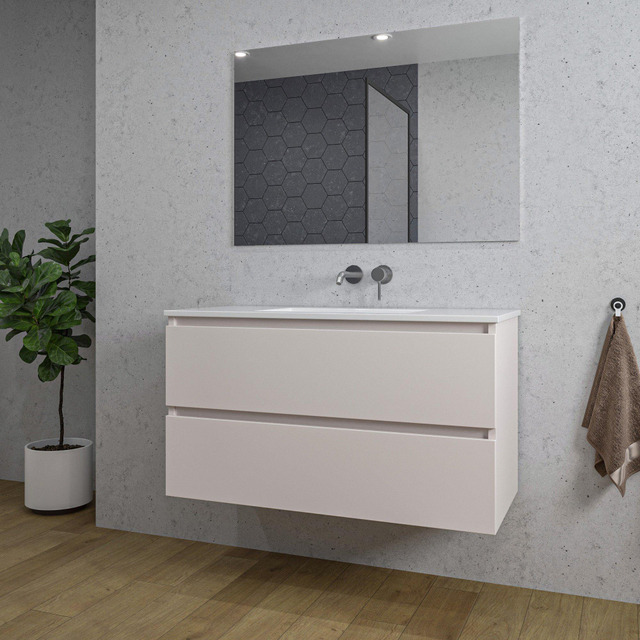 Adema Chaci Badkamermeubelset - 100x46x57cm - 1 keramische wasbak wit - zonder kraangaten - 2 lades - rechthoekige spiegel - mat cotton (beige) SW1212775/SW773927/SW724612