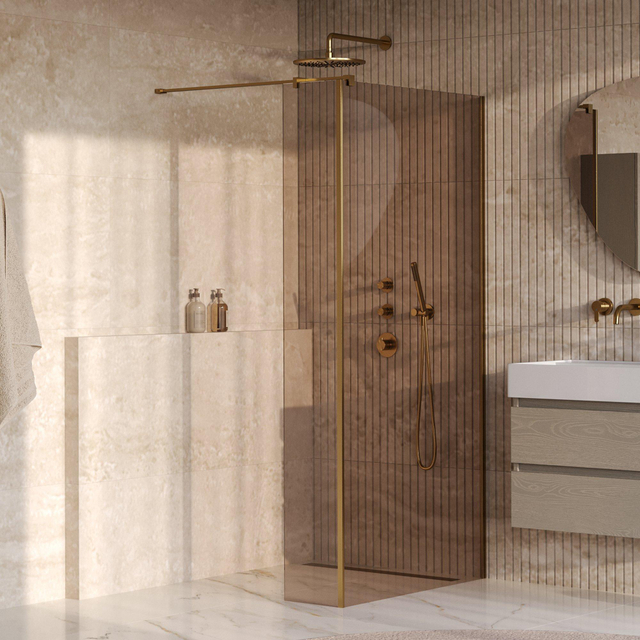 Brauer Oblivion Inloopdouche - 100x200cm - 30 cm zijwand - glascoating - brons glas - geborsteld goud PVD GS-OBI2B10030200GG