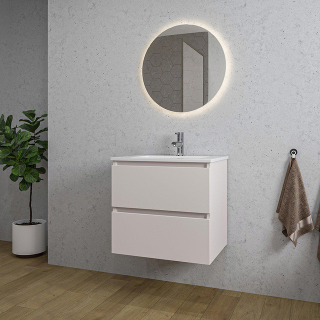 Adema Chaci Badkamermeubelset - 60x46x57cm - 1 keramische wasbak wit - 1 kraangat - 2 lades - ronde spiegel met verlichting - mat cotton (beige) SW1212761/SW804530/SW108325
