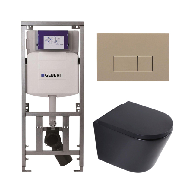 QeramiQ Dely Toiletset - 36.3x51.7cm - diepspoel - rimless - Geberit UP320 inbouwreservoir - softclose toilet zitting 35 mm - bedieningsplaat taupe - rechthoekige knoppen - mat zwart SW1026253/SW1000769/0701131/SW1102379