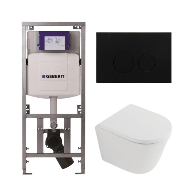 QeramiQ Dely Toiletset - 36.3x51.7cm - diepspoel - rimless - Geberit UP320 inbouwreservoir - softclose toilet zitting 35 mm - metaal mat zwarte bedieningsplaat - ronde knoppen - mat wit SW1026254/SW1000767/0701131/SW706192