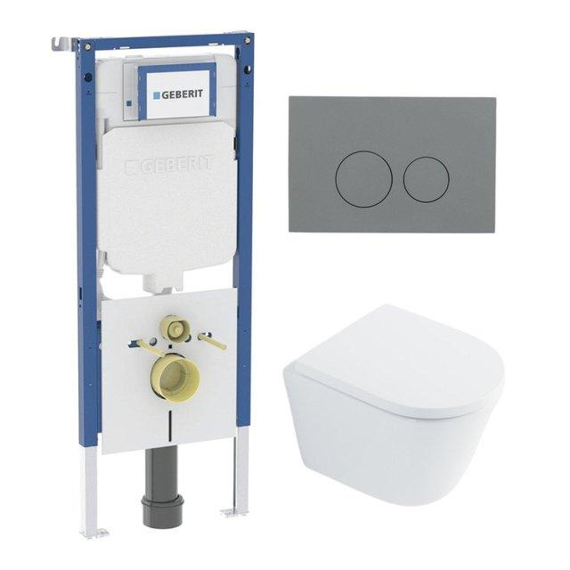 Geberit QeramiQ Dely Toiletset - 36.3x51.7cm - diepspoel - rimless -  UP720 inbouwreservoir - softclose toilet zitting 35 mm - bedieningsplaat licht grijs - ronde knoppen - wit glans SW1026255 / SW1159