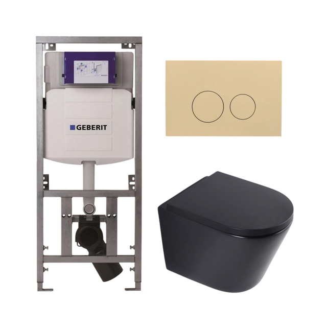QeramiQ Dely Toiletset - 36.3x51.7cm - diepspoel - rimless - Geberit UP320 inbouwreservoir - softclose toilet zitting 35 mm - bedieningsplaat beige - ronde knoppen - mat zwart SW1026253/SW1000769/0701131/SW1102365