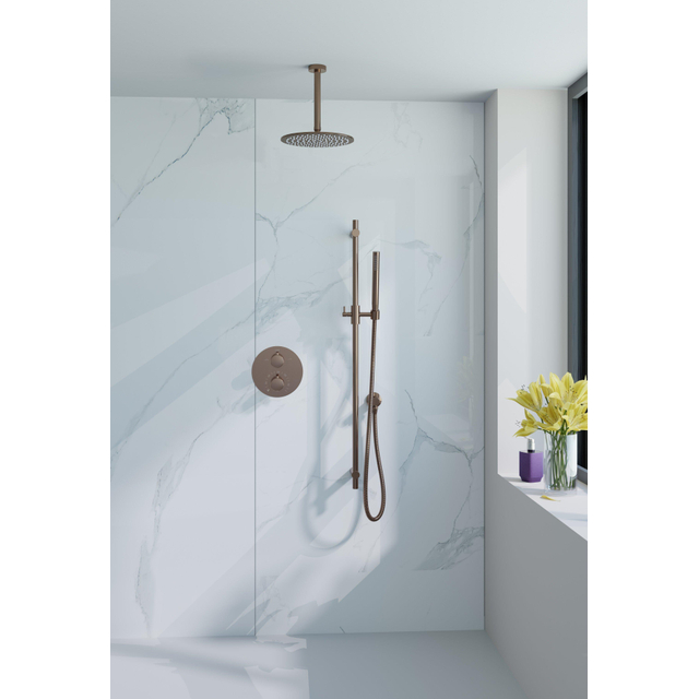 Fortifura Calvi Inbouw Regendoucheset - rond - thermostatisch - plafondarm - glijstang - 25cm hoofddouche - staaf handdouche - Geborsteld koper PVD (Koper) SW970053/SW1183048/SW970041/SW970042/SW97004