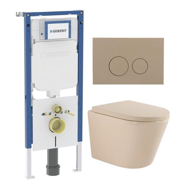 Geberit QeramiQ Dely Toiletset - 36.3x51.7cm - diepspoel - rimless -  UP720 inbouwreservoir - softclose toilet zitting 35 mm - bedieningsplaat taupe - ronde knoppen - mat beige SW1000764/SW1000771/SW12