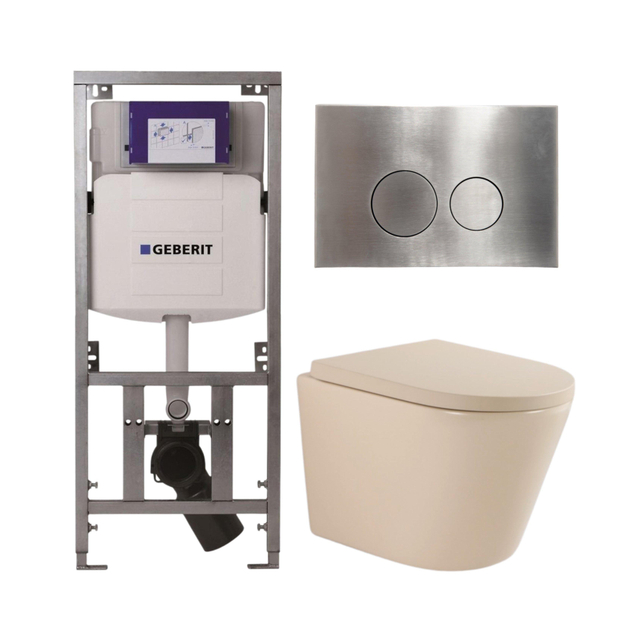 QeramiQ Dely Toiletset - 36.3x51.7cm - diepspoel - rimless - Geberit UP320 inbouwreservoir - softclose toilet zitting 35 mm - steel bedieningsplaat - ronde knoppen - mat beige SW1000764/SW1000771/0701131/SW706194