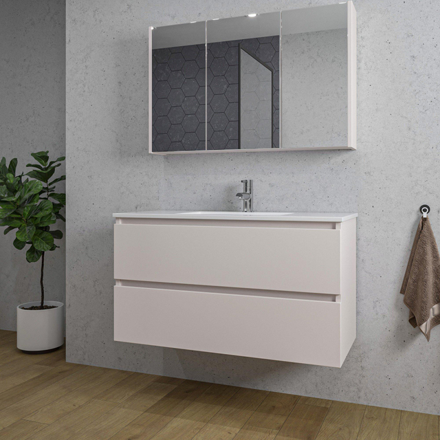 Adema Chaci Badkamermeubelset - 100x46x57cm - 1 keramische wasbak wit - 1 kraangat - 2 lades - Spiegelkast - mat cotton (beige) SW1212775/SW1212817/SW892634/SW804532