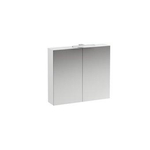 Laufen Base meuble WC 80x18.5x70cm avec éclairage à LED 2x porte miroir 2 voies à gauche 2 étagères en verre et prise en bois/ verre blanc brillant SW157436