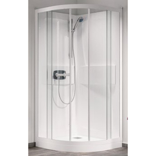 Kinedo Kineprime cabine de douche quart de rond avec bac à douche 15cm avec portes coulissantes 90x90x208cm avec mitigeur de douche, douchette à main et barre murale blanc/clair