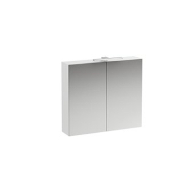 Laufen Base meuble WC 80x18.5x70cm avec éclairage à LED 2x porte miroir 2 voies à gauche 2 étagères en verre et prise en bois/ verre blanc brillant