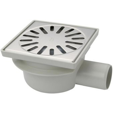 Aquaberg Siphon de sol en ABS avec bord renforcé avec grille en acier inoxydable avec sortie latérale Ø50mm non réglable 150x150mm avec clapet anti-odeurs PPC garde d'eau 50mm