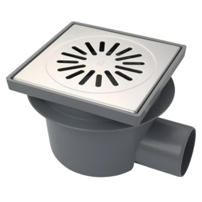 Aquaberg Siphon de sol en ABS avec grille en acier inoxydable avec sortie latérale Ø75mm non réglable 200x200mm avec seau/fermeture anti-odeurs PPC garde d'eau 60mm