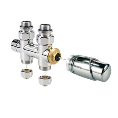 Jaga Deco kit de raccordement 42 vers sol Jaga Deco Pro vanne M24 avec tête thermostatique AC Ø16/2mm raccordement à gauche ou à droite, VPE/ALU chrome
