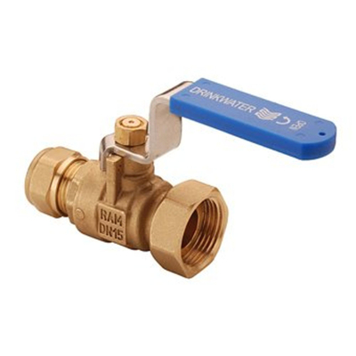 Raminex s28 vanne a bille kiwa bouton aveuglex pivotant laiton 15x3/4 dn15 levier kiwa bleu