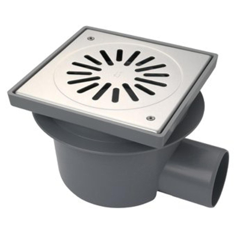 Aquaberg Siphon de sol ABS avec grille en inox vissée avec évacuation latérale Ø75mm non réglable 200x200mm avec seau PPC/clapet anti-odeurs garde d'eau 60mm SW55384