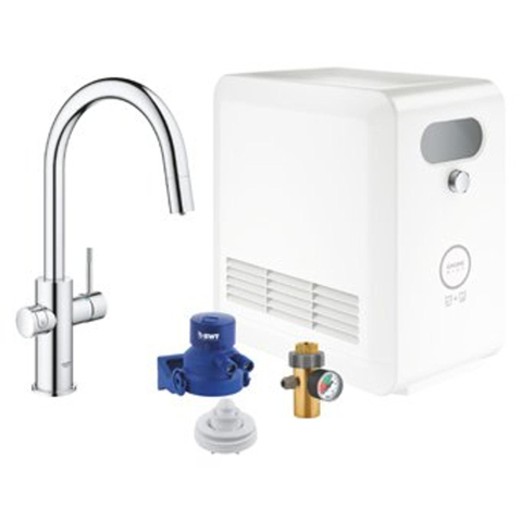 GROHE Blue Professional keukenkraan - 1-gats - duo - C-uitloop - uittrekbare mousseur - filterfunctie - starterkit - chroom SW354777