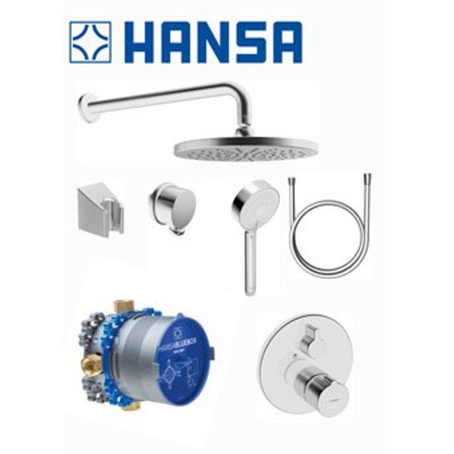 Hansa Hansabluebox showerset: inbouwkraan thermostaat m. afbouwdeel rond + hoofddouche rond met hand
