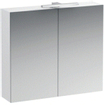 Laufen Base meuble WC 80x18.5x70cm avec éclairage à LED 2x porte miroir 2 voies à gauche 2 étagères en verre et prise en bois/ verre blanc brillant SW157436