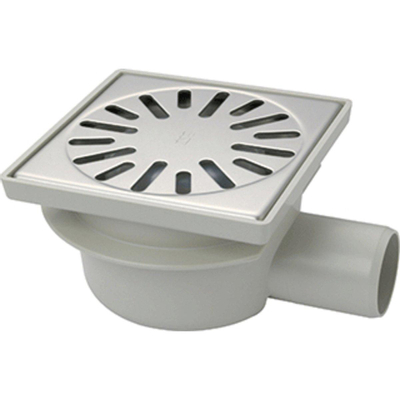 Aquaberg Siphon de sol en ABS avec bord renforcé avec grille en acier inoxydable avec sortie latérale Ø50mm non réglable 150x150mm avec clapet anti-odeurs PPC garde d'eau 50mm