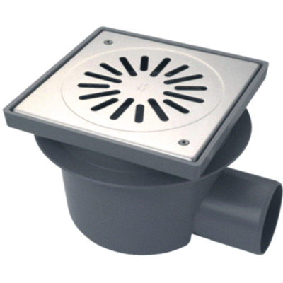 Aquaberg Siphon de sol ABS avec grille en inox vissée avec évacuation latérale Ø75mm non réglable 200x200mm avec seau PPC/clapet anti-odeurs garde d'eau 60mm