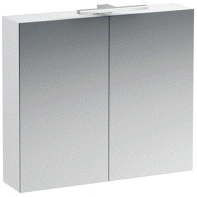 Laufen Base meuble WC 80x18.5x70cm avec éclairage à LED 2x porte miroir 2 voies à gauche 2 étagères en verre et prise en bois/ verre blanc brillant