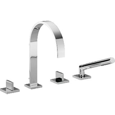Dornbracht Mem 4 gats badrandkraan met rozetten met sprong 22cm met vaste uitloop met staafhanddouche en doucheslang chroom