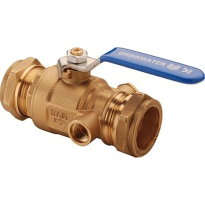 Raminex s28 vanne a bille kiwa avec dispositif de vidange laiton moleté 28x28mm dn25 levier kiwa bleu