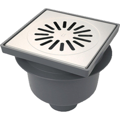 Aquaberg siphon de sol en plastique avec sortie verticale 75mm grille inox non réglable 20x20cm avec seau siphon PPC 60mm