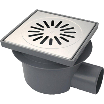 Aquaberg Siphon de sol en ABS avec grille en acier inoxydable avec sortie latérale Ø75mm non réglable 200x200mm avec seau/fermeture anti-odeurs PPC garde d'eau 60mm