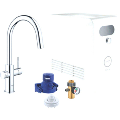 GROHE Blue Professional keukenkraan - 1-gats - duo - C-uitloop - uittrekbare mousseur - filterfunctie - starterkit - chroom