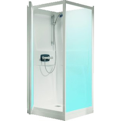 Kinedo Kineprime cabine de douche carrée avec receveur de douche 15cm et porte pivotante 80x80x208cm avec mitigeur de douche, douche à main et barre murale blanc/clair