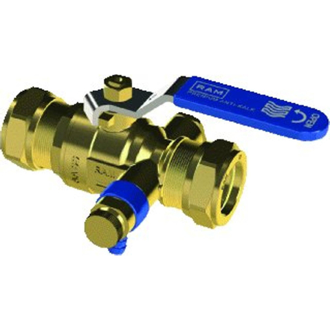 Raminex S28 Premium Antikalk kogelkraan met aftapgelegenheid messing incl. aftapper knel 28x28mm dn25 kiwa 8914472