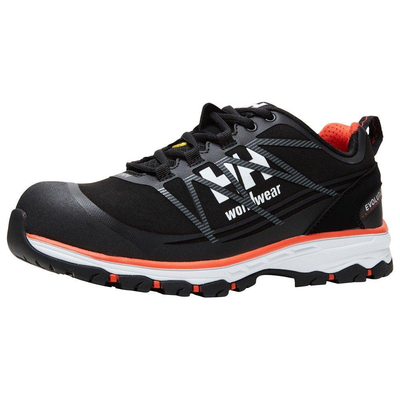 Helly Hansen Chelsea Evolution Low S3 veiligheidsschoen aluminium neuskap bescherming doorboring spijkers slipbestendige buitenzool Ortholiteinlegzool voering open gaas EVAmiddenzool rubberen buitenzool zwartoranje maat 41