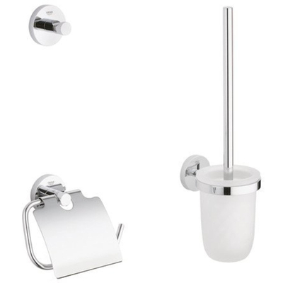 GROHE Essentials Set d'accessoires pour toilettes 3 pièces avec porte-balai de toilettes, patère et porte-rouleau de papier toilette avec clapet chrome