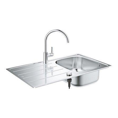 Grohe Evier de cuisine - 86x50cm - avec robinet avec levier BauEdge - rehaussé - monotrou - StarLight - bec rotatif - Inox