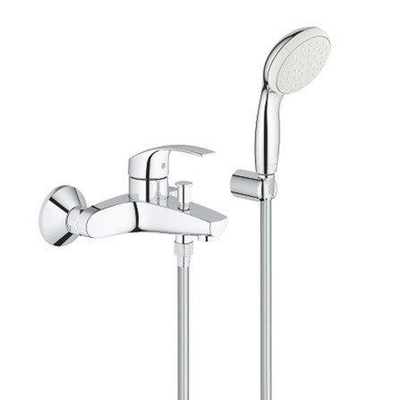 GROHE Eurosmart Mitigeur bain mural entraxe=15cm avec raccord et inverseur avec garniture de douche chrome/blanc