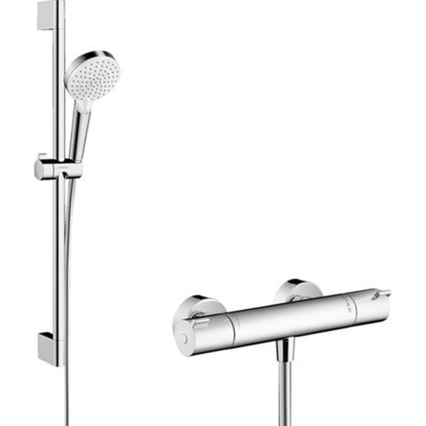 Hansgrohe Crometta Douchecombinatie: - met Ecostat - 1001 CL douchekraan - thermostatische - met glijstangset - 65cm - met Crome - thermostaat - wit chroom SW73235