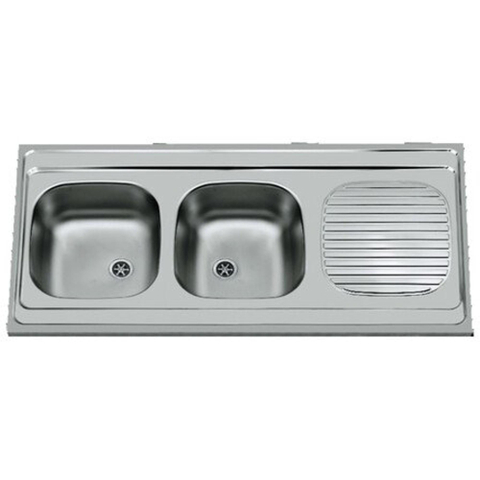 Nemo Start Bordeaux Opbouwspoeltafel afdruip - 120x60cm - 2 bakken - omkeerbaar - zonder fixatieset - plug - overloopgarnituur - sifon - roestvaststaal SW288924