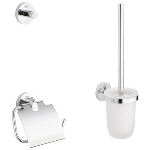 GROHE Essentials Toilet accessoireset 3-delig met toiletborstelhouder, handdoekhaak en toiletrolhouder met klep chroom 0438150