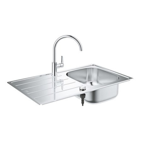 Grohe K200 Spoelbak - met afdruipgedeelte - inclusief BauEdge eengreeps mengkraan - hoge uitloop - eengatsmontage - Longlife keramische cartouche 28mm - mousseur - draaibare buisuitloop 360 graden - StarLight chroom SW492242